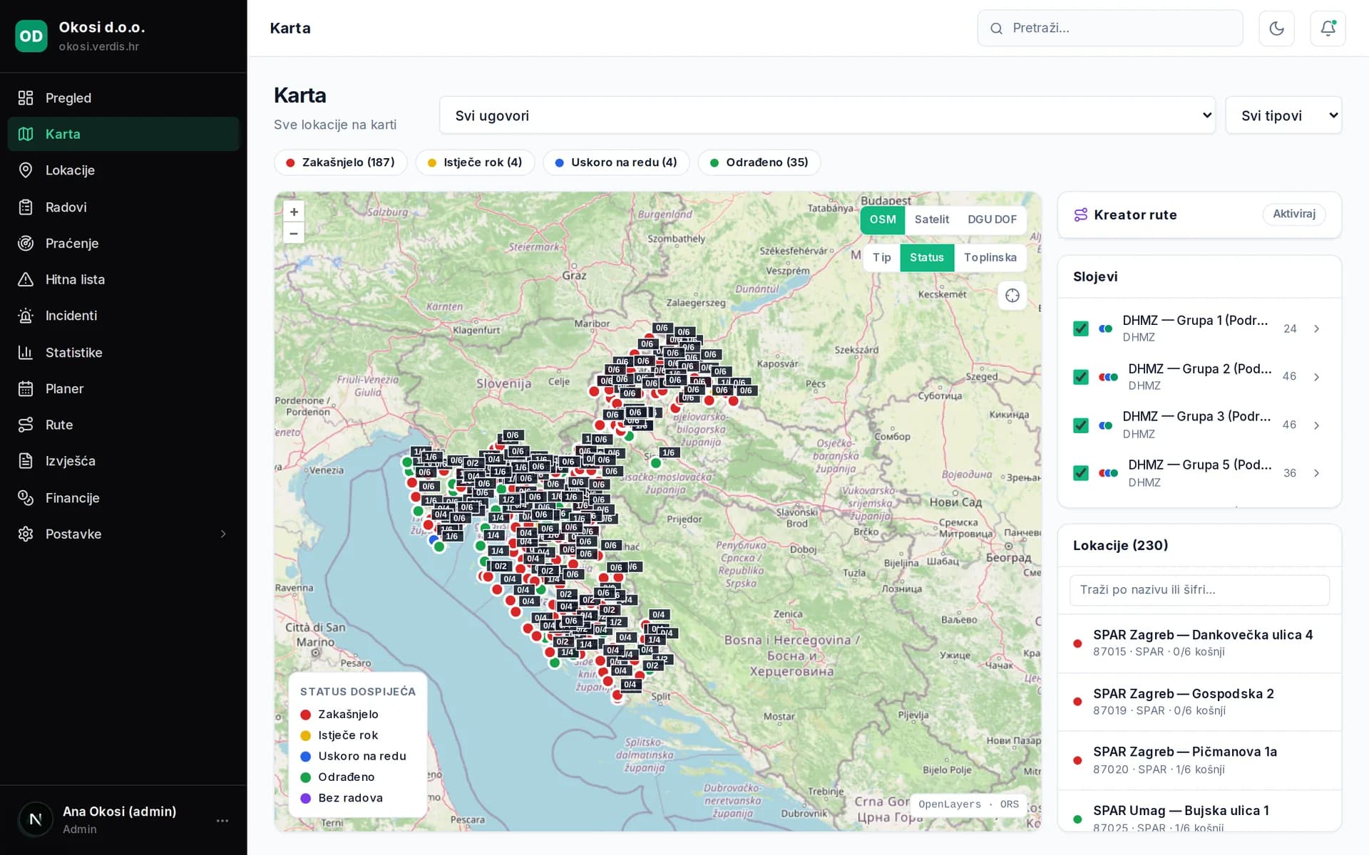 Verdis — Karta lokacija sa statusima dospijeća